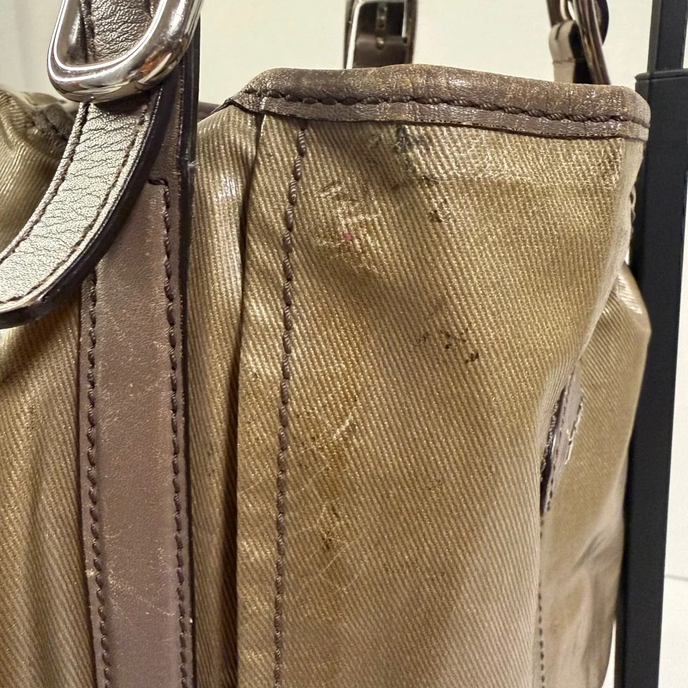 Tod's Shoulder Bag Medium Bronze Coated Canvas Leather Trim Tote + Luxury Hobo